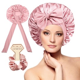 OWITER Satin Bonnet, Silk Sleep Bonnets for Women, Adjustable Satin Night Sleeping Cap Soft Elastic Band Silk Bonnets for Sleeping, Hair Bonnet + Scrunchies (Rose Pink)