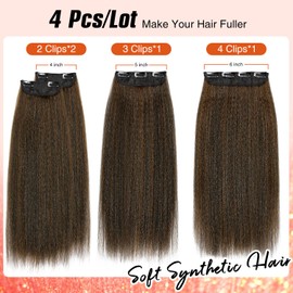 HANNE 22 Inch Kinky Straight Clip Ins Hair Extensions Clip ins for Women 4 Pieces/Lot Yaki Hair Seamless Kinky Clip ins Hair Extensions Clip ins for Daily or Party Use (M30, 22 Inch)