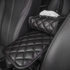 AMEIQ Car Armrest Cushion Pad, Tissue Holder and Paper Napkin Box, Center Console Mat, Seat Box Cover Protector, PU Leather Universal Fit, Black, Upgraded Style