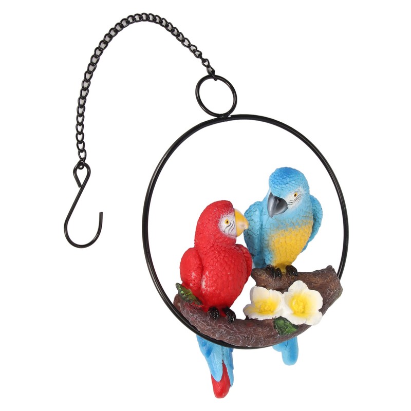 Metal Ring Double Parrot Statue Decorative Resin Perching On Branch
