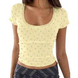 Cioatin Women Y2K Ditsy Floral Lace Bow Patchwork Pointelle Crop Tshirt Short Sleeve Scoop Neck Girls Coquette Summer Tee Top Yellow