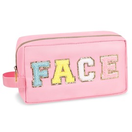 UIXIZQ Preppy Nylon Cosmetic Bag Face Pouch for Women Girls, Portable Makeup Bag with Chenille Letter Patches, Zipper Pouch Storage Purse Waterproof Organizer for Travel(Pink Face)