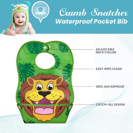 LA Baby Crumb Snatcher Waterproof Pocket Bib Small, Catch-All Pocket Design, 4-Pack (Hippo, Frog, Dolphin, Tiger)