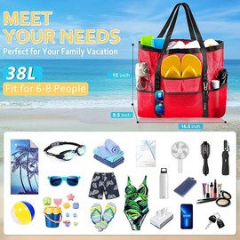 SRISE Mesh Beach Bag - Large Beach Tote Bag for Family Beach Bag for Toys & Vacation Essentials - Red