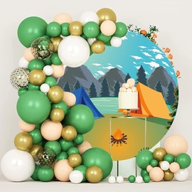 TTQYFNM 7x7ft Cartoon Camping Round Backdrop Cover Polyester Mountains Lakes Campfire Tent Circle Photography Background for Camping Theme Party Kids Birthday Party Baby Shower Decoration Banner