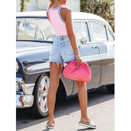 siliteelon Womens Colorblock Racerback Crew Neck Casual Basic Ribbed Fitted Tank Top Sleeveless Camis- Pink XL