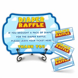 Diaper Party Game Set - Sky & Clouds - 50 Pcs Diaper Raffle Tickets, 1 Wooden Sign & 1 Iron Stand, Gender Neutral Baby Shower Game Kit For Newborn, Party Favor & Supplies - A05