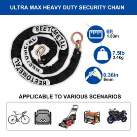 REETOMETAL Heavy Duty Security Chain with Hidden Shackle Lock, 6 Foot x 3/8" Thick Hardened Steel Cut-Proof Anti-Theft Chain & Puck Lock for Motorcycles, Bikes, Trailers, Fences, Containers
