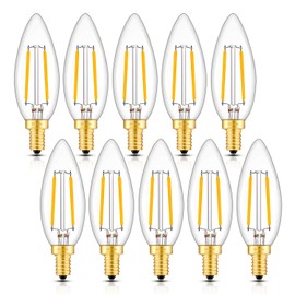 CRLight 2W 250LM LED Candelabra Bulb 2700K Warm White, 25W Incandescent Equivalent E12 Base Dimmable LED Candle Bulbs, B10 Clear Glass Torpedo Shape Bullet Top, 360 Degrees Beam Angle, 10 Pack