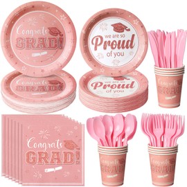 Graduation Party Supplies Decorations Serve 50, 2025 Graduation Party Plates and Napkins Set, Pink Disposable Paper Plates Napkins Cups for College High School Graduation Congrats Grad Party Supplies