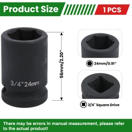 YTKavq 3/4" Drive 24mm Impact Socket，6-Point Standard Impact Sockets Made with Chrome Molybdenum Alloy Steel, Metric