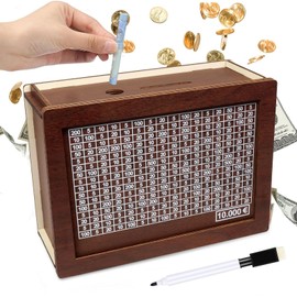 Wooden Money Box with Numbers Checks, Piggy Bank, Reusable Money Box, Retro Money Box, Storage Box, Wooden Money Box with Savings Target, Money Box 10,000 Euro for Adults and Children