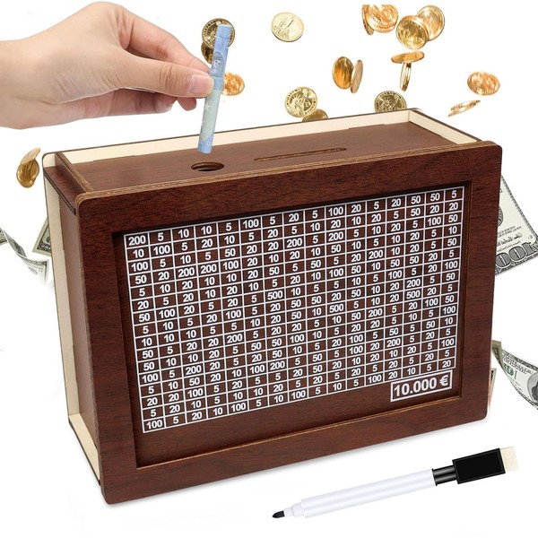 Wooden Money Box with Numbers Checks, Piggy Bank, Reusable Money