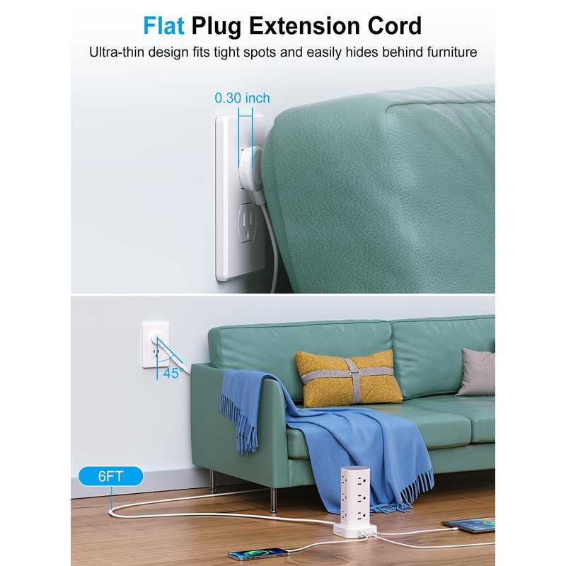 Power Strip Tower with Multiple Outlets, Flat Plug Surge Protector