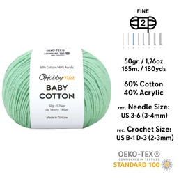 HobbyMia Baby Cotton Yarn for Crocheting - 50g / 180yds - (2) Fine, Sport Weight Yarn - Soft Amigurumi Yarn for Crochet Thread - 60% Cotton & 40% Acrylic Yarn (Mint, 1 Ball)