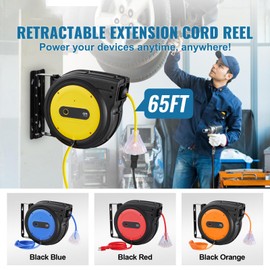 Happybuy Retractable Extension Cord Reel, 65 FT, Heavy Duty 12AWG/3C SJTOW Power Cord with Lighted Triple Tap Outlet, 15 Amp Circuit Breaker, 180° Swivel Bracket for Ceiling/Wall Mount