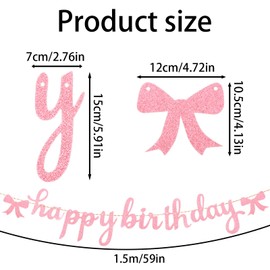 Pink Bow Happy Birthday Banner Garland, Pre-Strung Glitter Bow Themed Birthday Banner for Girls Women Baby Shower Bridal Bachelorette Party Coquette Decoration Supplies