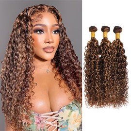 MOMOSHERO Highlight Water Wave Ombre Honey Blonde Curly Bundles, 4/27 Brown Highlighted Wet and Wavy Bundle Weave, Soft 12A 100% Virgin Hair 3 Bundles 12 14 16 Inch