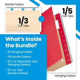 Pendaflex Filing Folders - Manila File Folder w/ 1/3-Cut Tabs (100 Count) & Hanging File Folders w/ 1/5-Cut Tabs (25 Count), Assorted Colors Letter Size 8.5"x11" - Ideal for Home, Office & School Use