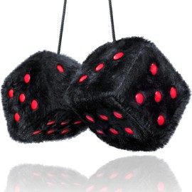 Black Fuzzy Dice for Car - Rear View Mirror Plush Cute Car Accessories for Interior - Auto Rearrview Hanging Ornament Decorations - Cool Classic Retro 1970s Aesthetic Automotive Decor - Black and Red