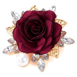 Yuanchu Elegant Rose Flower Brooch Pin, Small Crystal Rhinestone Brooch Pin Dainty Cloth Rose Brooch Pin for Bride Wedding(Red)