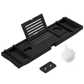 Bamboo Bathtub Tray for Luxury Bathroom, Expandable Premium Bath Tray w/Soap Towel Book Holder, Adjustable Bath Accessories for Tub,Extendable Tub Tray with Wine Glass Cup Organizer 29.5"-43.3" Black