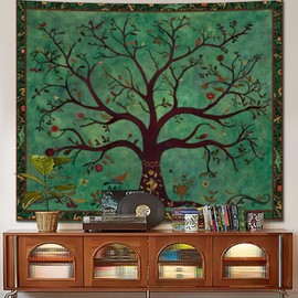 Avinyl Green Tree of Life Tapestry for Bedroom Aesthetic, Vintage Boho Tree Wall Art Tapestries, Hippie Bohemian Nature Floral Backdrop Wall Hanging for Living Room Dorm Home Decor 51in X 60in