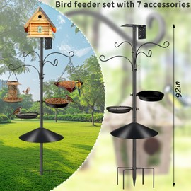 92 Inch Bird House Pole, Heavy Duty Stand Bird Feeding Station, Adjustable Bird Feeder Pole with Squirrel Proof Baffle, 4 Hooks & Bird Bath and Tray for Garden, Outdoor (Birdhouse Not Included)