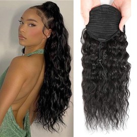 18 Inch Drawstring Human Hair Ponytail Extension Natural Black for Women Water Wave Pony tail Clip in Extensions Corn Wave Ponytail 100% Unprocessed Brazilian Human Hair