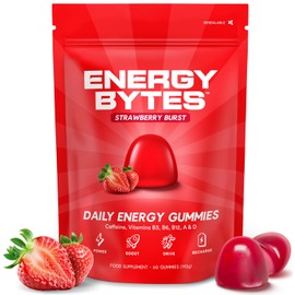 Energy Bytes Daily Energy Gummies – Fast Acting Caffeine Chews with Vitamins B3 B6 B12 A & D – Stay Focused and Energised Through Your Day – 60 Count