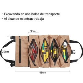 NIHO Bolsa enrollable para herramientas, organizador de rollos multiusos, 5 bolsillos con cremallera (Caqui)