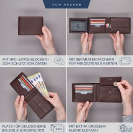 Von Heesen® Men's Wallet, TÜV (Technical Inspection Association) Certified Cryptalloy® RFID Protection, Leather Wallet Men (Genuine Nappa Leather), Gifts for Men Leather, Brown (model 2021).