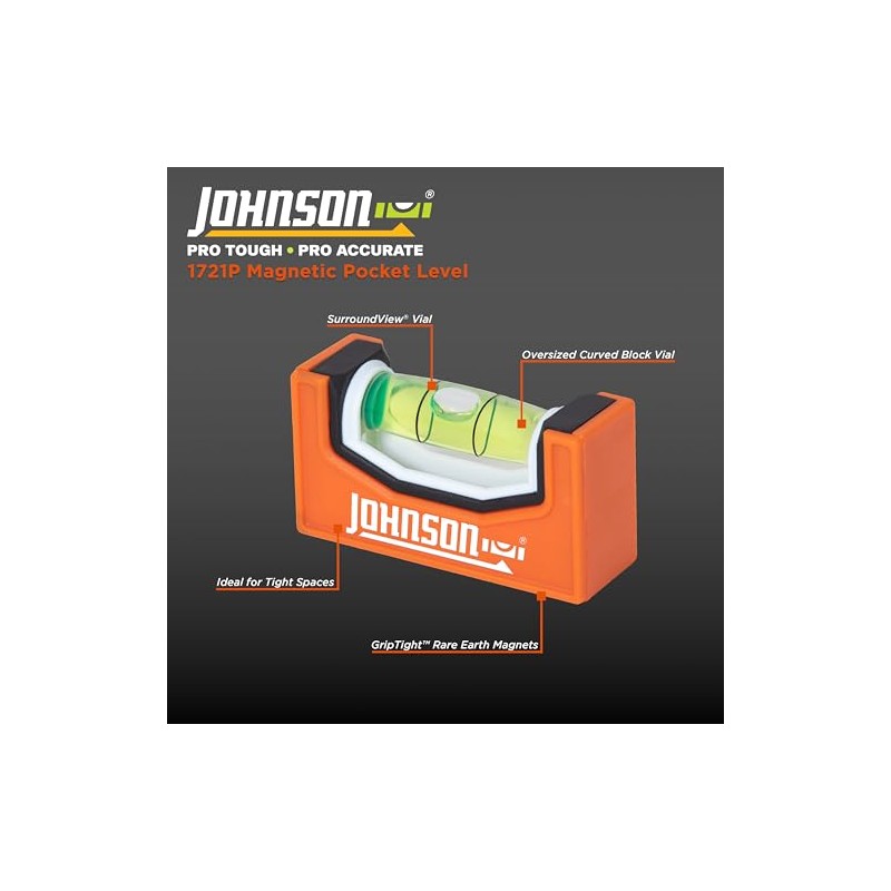 Johnson Level & Tool 1721P Nivel de bolsillo magnético, fácil