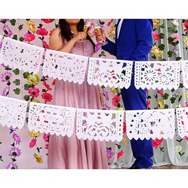 5 Pk Mexican wedding decorations, 50 Panels of White Papel Picado Paper Flags for weddings, rehearsal dinners 60 ft total Mexican Bridal Shower Papel Picado banner para fiesta TISSUE PAPER WS400
