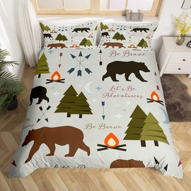 Happy Camping Duvet Cover Set Twin Size Hunt Bear Pine Trees Bedding Set for Kids Boys Men Adults Cabin Room Decor Campfire Arrow Cartoon Comforter Cover Wild Outdoor Adventure Quilt Cover 2pcs