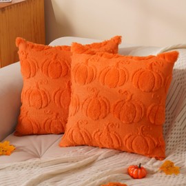 Rguct Fall Pillow Covers 18"x18" Set of 2 Orange Soft Faux Fur Pillow Covers Pumpkin Fall Pillows for Sofa Couch Bed, Fluffy Plush Accent Pillow Cases for Autumn Thanksgiving Farmhouse Home Décor