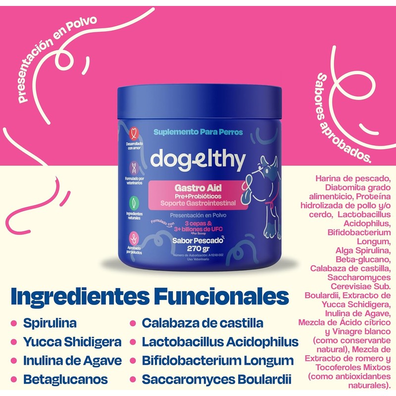 Dogelthy Gastro Aid. Pre + Probioticos con +3 Billones de