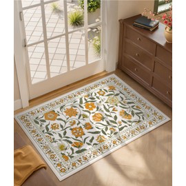 Collive Washable Kitchen Rugs, 2 x 3 Small Low Pile Entryway Rug Modern Soft Floral Bedroom Carpets, Yellow Vintage Boho Throw Mats Non-Slip Stain Resistant Bathroom Carpet for Door Mat, Kids Room