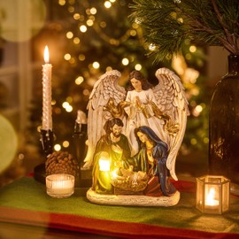 Valery Madelyn Christmas Nativity Scene Figurine with Lights, Holy Family with Angel Sculpture, Red Gold Resin Vintage Religious Art,Indoor Home Xmas Table Decoration, 10 Inch Tall