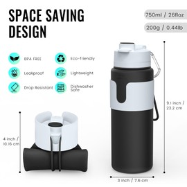 Nefeeko Collapsible Water Bottle, BPA Free 26oz Foldable Water Bottle for Travel Sports, Leak-Proof Spill-Proof Portable Water Bottles with Carabiner, Lightweight (Black)