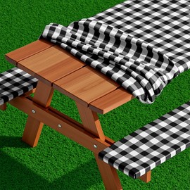 Bouiexye 3 Pcs Set Polyester Picnic Table Cover with Bench Covers, Elastic Outdoor Camping Tablecloth with Bag Backing Picnic Table Cloth Fits for Table 30"x 72" Rectangle(Black White Plaid)
