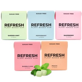 Refresh Gum, Xylitol, Natural, Sugar Free, Chewing Gum, Plastic Free, Natural Flavors & Organic Ingredients, Non GMO, Gluten Free, Vegan, 12 Count (Pack of 5), Sampler Pack