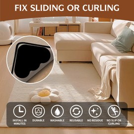 Gtuun Rug Carpet Non Slip Grippers, Dual Sided Adhesive Rug Pad Gripper Keep Corners Flat, Reusable and Washable Carpet Tape Pads, Rug Tape for Hardwood Floors and Tiles, 12 PCS