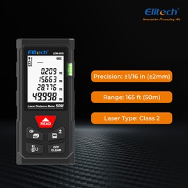 Elitech LDM-50S Laser Distance Meter, 165ft Digital Measure Tool ±2mm Accuracy, Area/Volume/Pythagoras Modes, Backlit LCD, 99 Records, Unit Switch – for Home & DIY