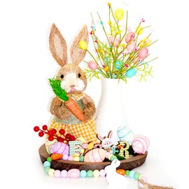 [Tray Included] 16 Pcs Easter Day Decor Set, Bunny Figurine Artificial Spring Flowers Eggs Ornaments Bead Garland Table Decorations with Tray, Rustic Farmhouse Centerpiece for Table Home, Yellow