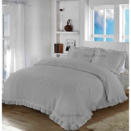 EXQUIZIT HOME Duvet Cover & Pillow Case Plain Easy Care Polycotton Ruffle Frill Santiago Duvet Cover Bedding Set Silver Single 137cm x 200cm Approximate
