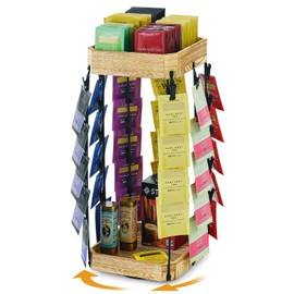 Tea Bag Organizer Display Stand, Hanging 7 Rows 35 Teabags, Top Tier 80 Tea Bags Tea Organizers and Storage, 360°Rotating Wooden Base Tea Bag Holder For Countertop Office, Pantry, Tea Station