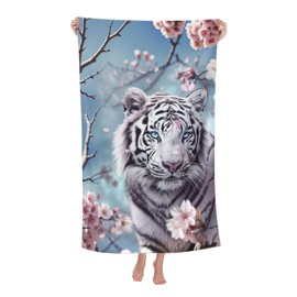 VODRM White Tiger Beach Towel,32x52in Microfiber Quick Dry Cherry Blossom Floral Wildlife Bath Towels,Soft Lightweight Oversized Sand Free,for Travel Pool Swimming Gym Decor,Gifts
