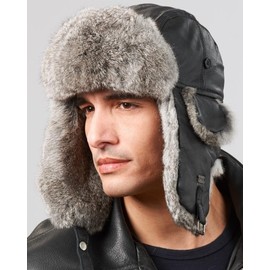 frr Leather Rabbit Fur Aviator Hat (M, Black)