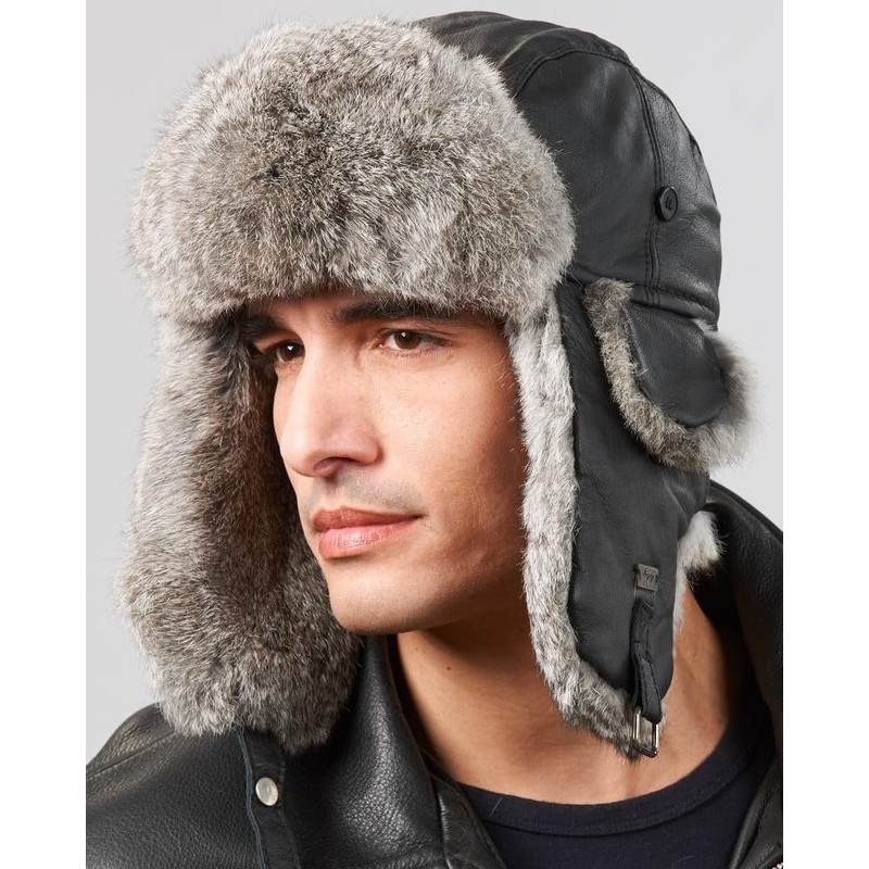 frr Leather Rabbit Fur Aviator Hat (M, Black)